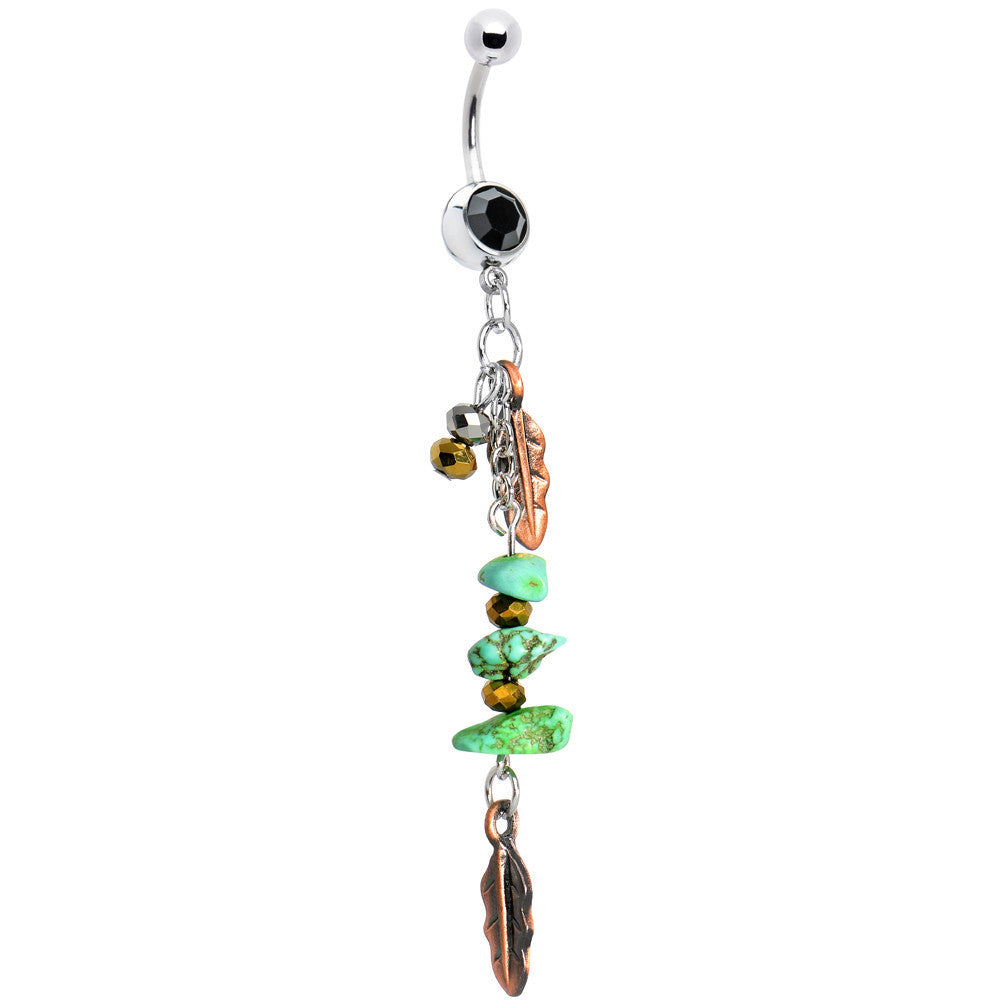 Black Gem Turquoise Copper Feathers Dangle Belly Ring