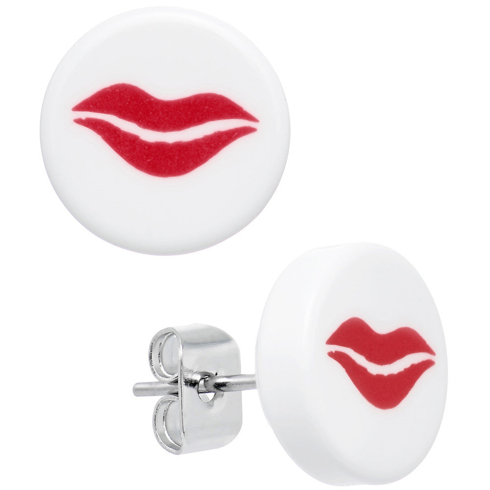 White and Red Smooch Lips Stud Earrings