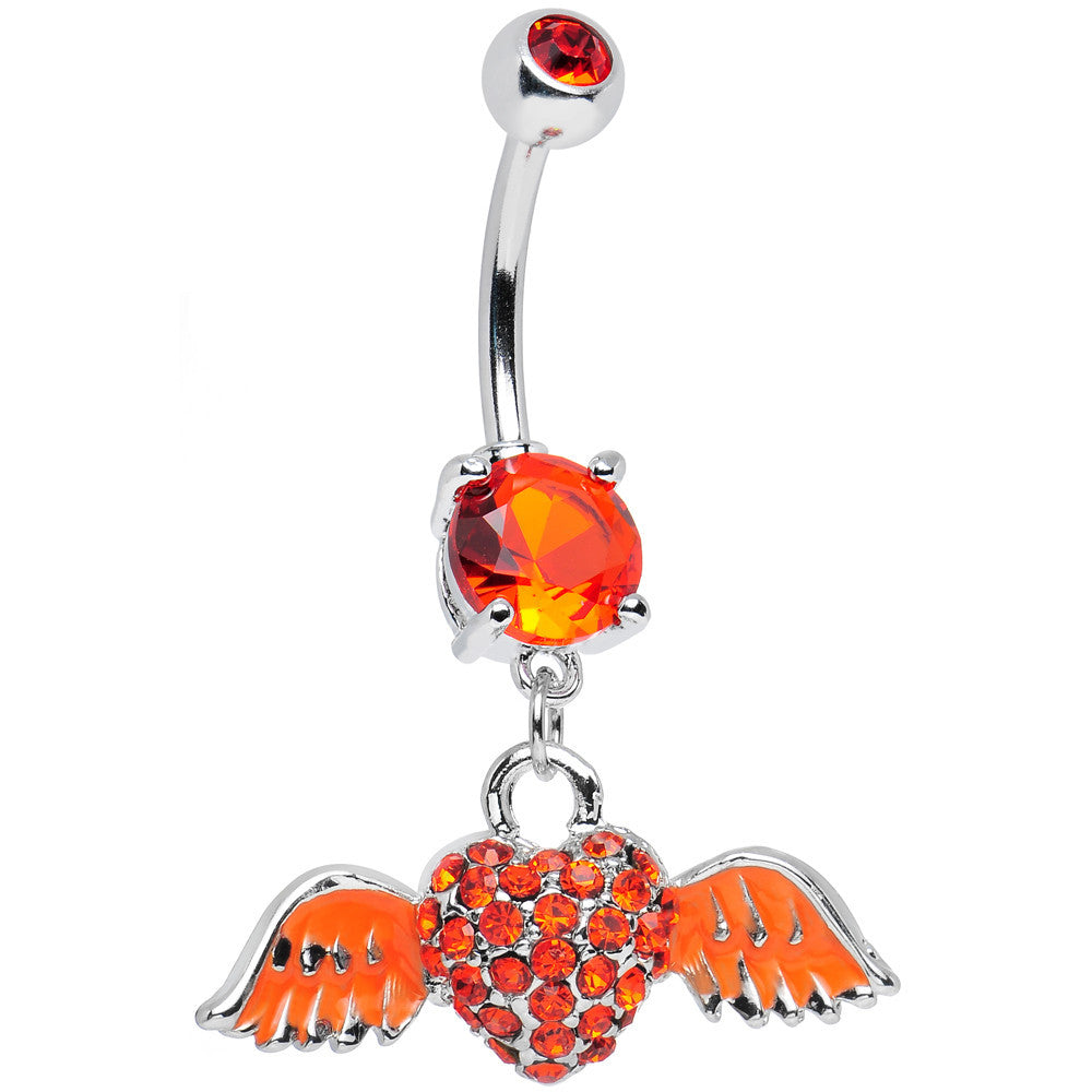 Orange Gem Paved Heart Neon Wings Dangle Belly Ring