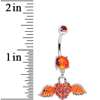 Orange Gem Paved Heart Neon Wings Dangle Belly Ring