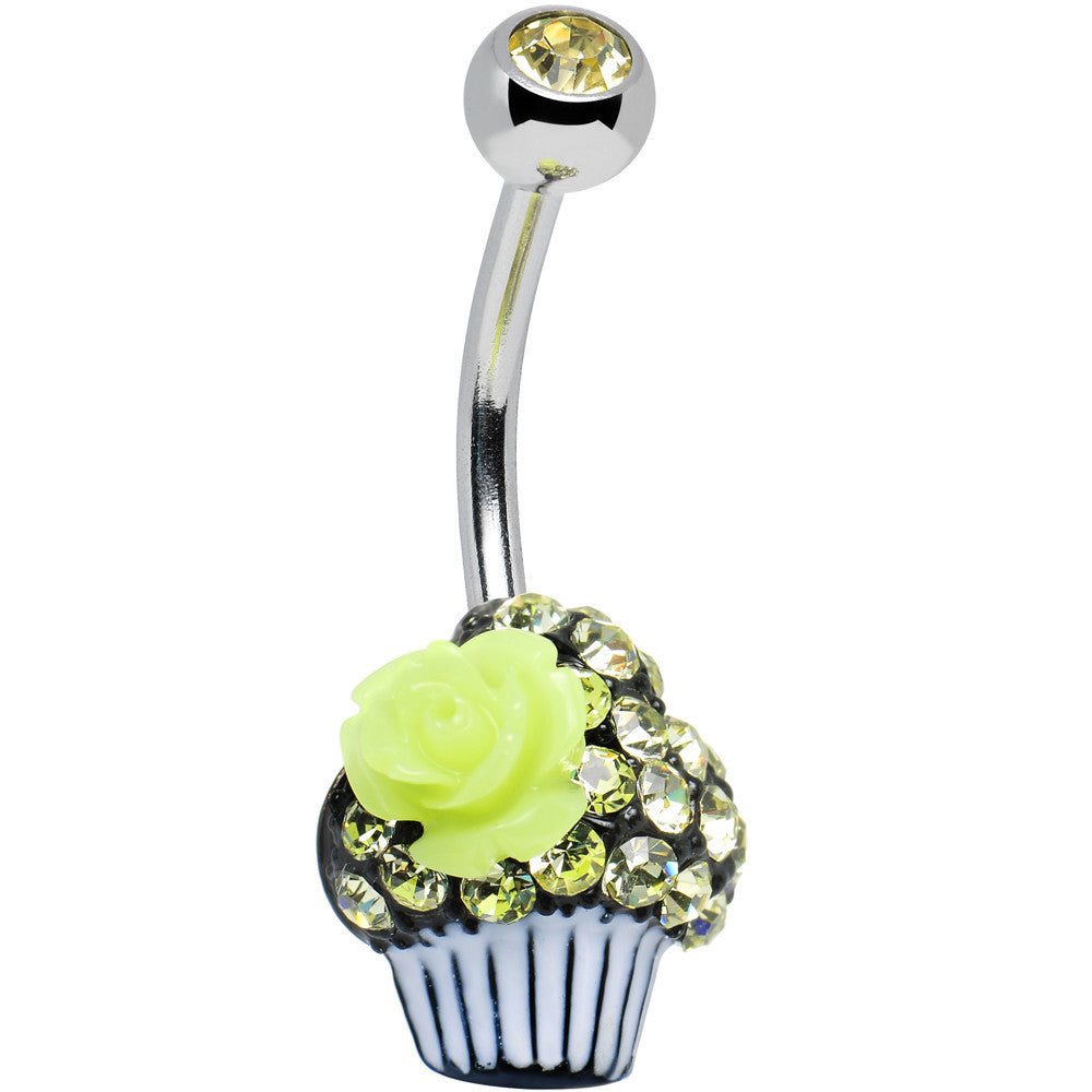 Yellow Gem Paved Rose Flower Topped Cupcake Belly Ring