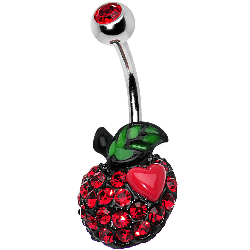 Red Gem Paved Apple and Red Heart Belly Ring