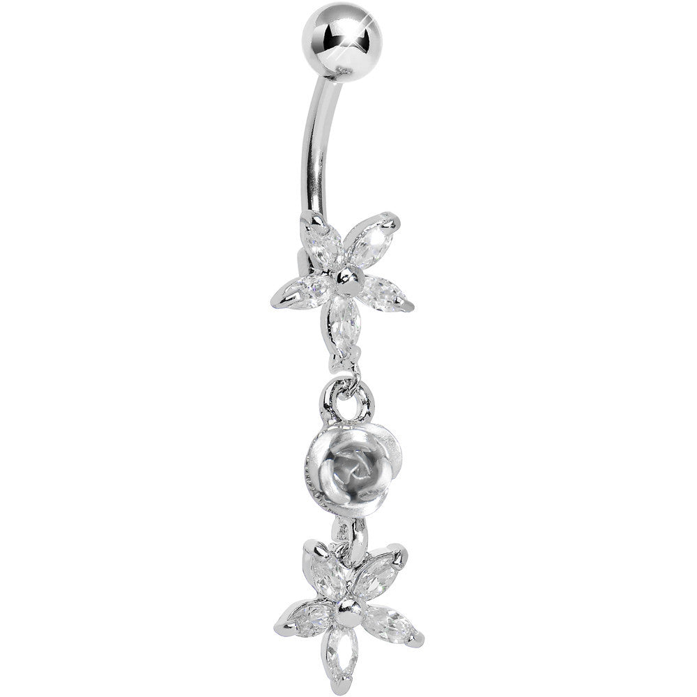 Clear Gem Star Flower with Rose Dangle Belly Ring