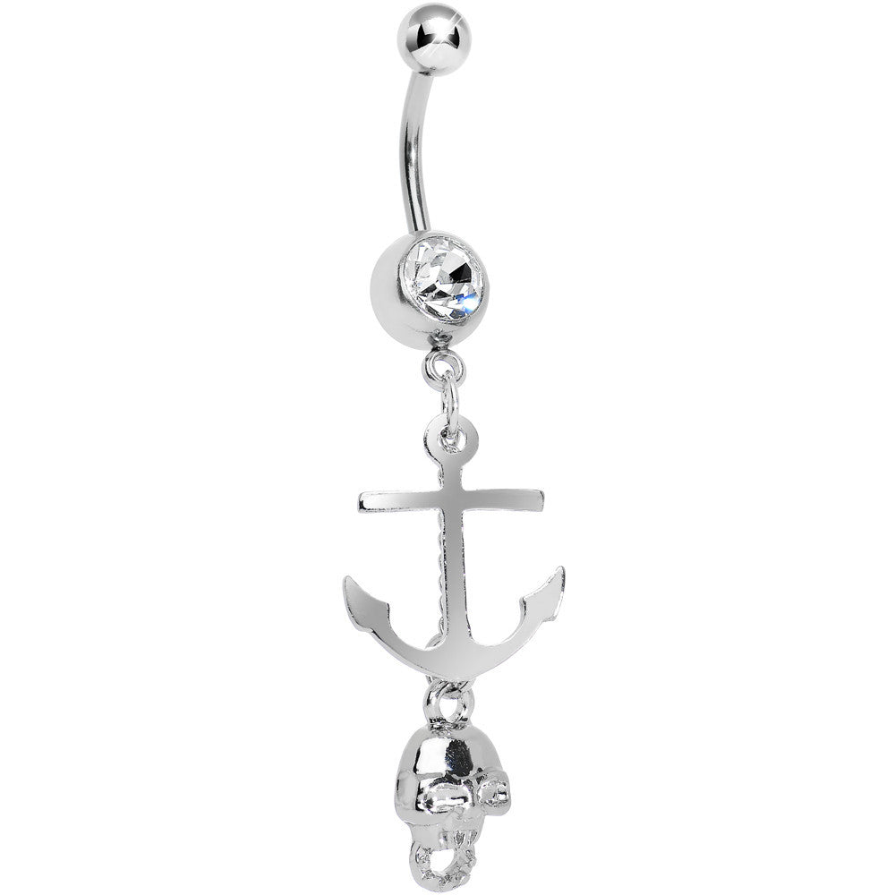 Clear Gem Ghost of the Sea Nautical Anchor and Skull Dangle Belly Ring