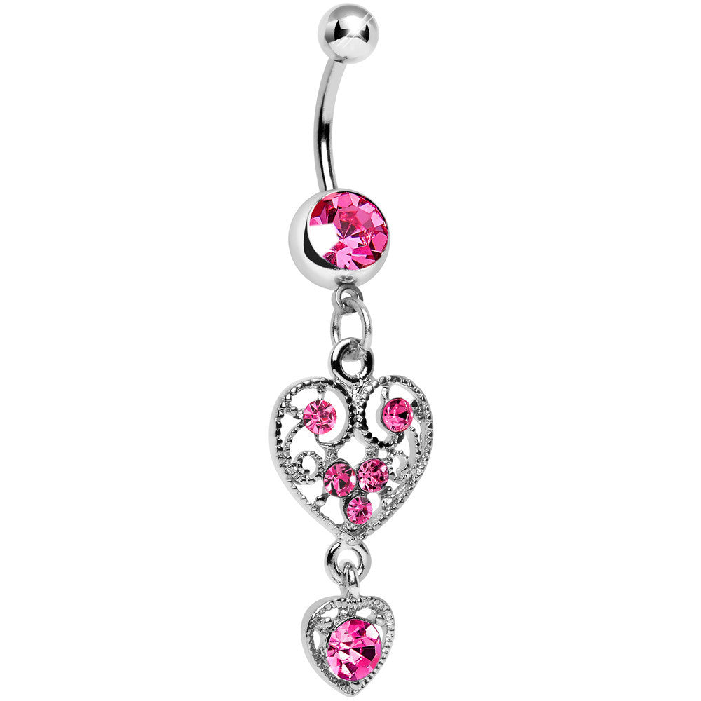 Pink Gem Double Fancy Hollow Heart Dangle Belly Ring