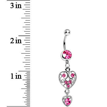 Pink Gem Double Fancy Hollow Heart Dangle Belly Ring