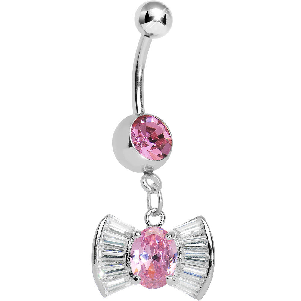 Pink and Clear Gem Dazzling Bow Dangle Belly Ring