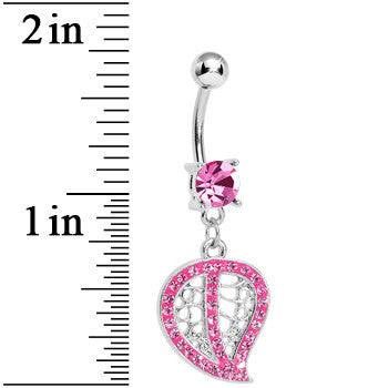 Pink Gem Paved Hollow Leaf Dangle Belly Ring