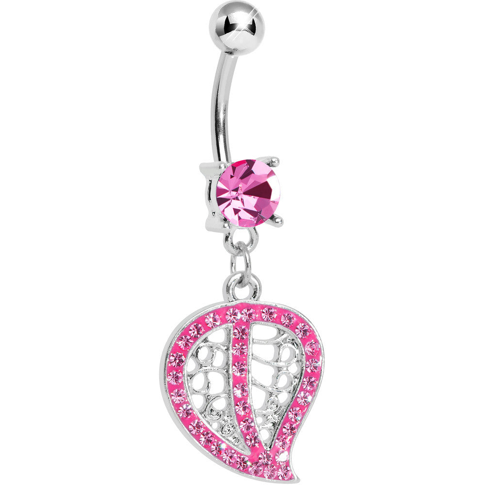 Pink Gem Paved Hollow Leaf Dangle Belly Ring