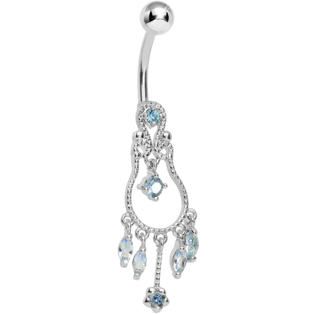 Aqua Gem Pear with Dainty Rose Flower Dangle Belly Ring