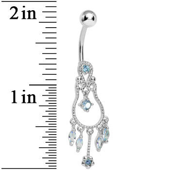 Aqua Gem Pear with Dainty Rose Flower Dangle Belly Ring