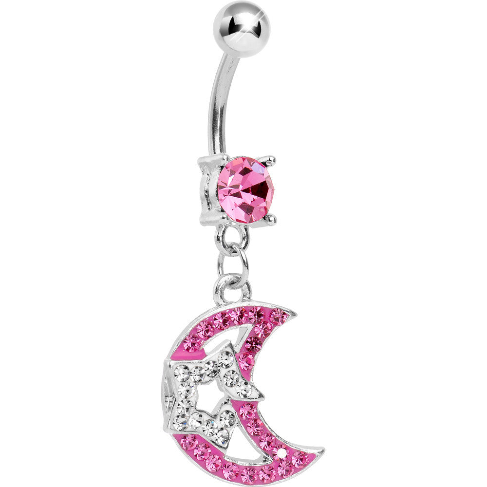 Pink Gem Paved Moon Crystalline Gem Celestial Star Dangle Belly Ring