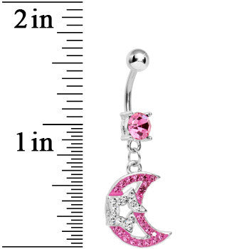 Pink Gem Paved Moon Crystalline Gem Celestial Star Dangle Belly Ring