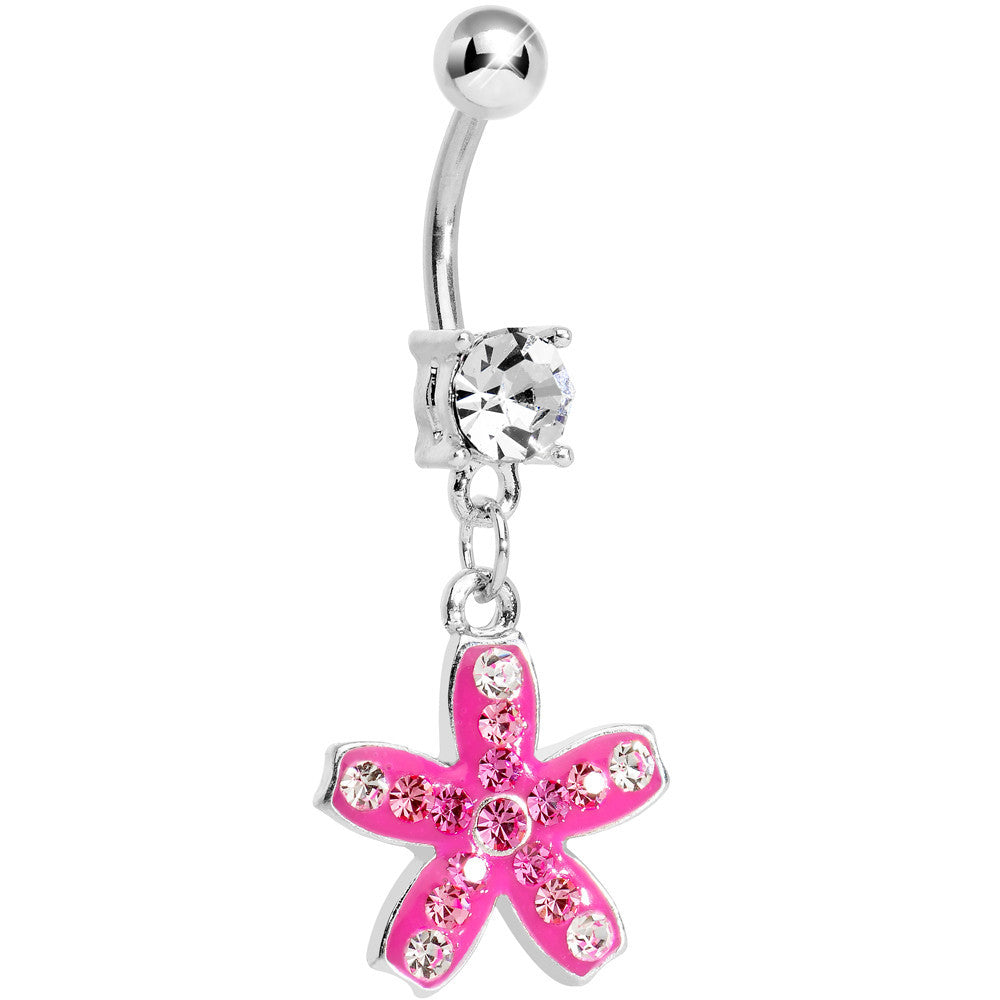 Crystalline Pink Gem Sparkling Curved Starfish Dangle Belly Ring