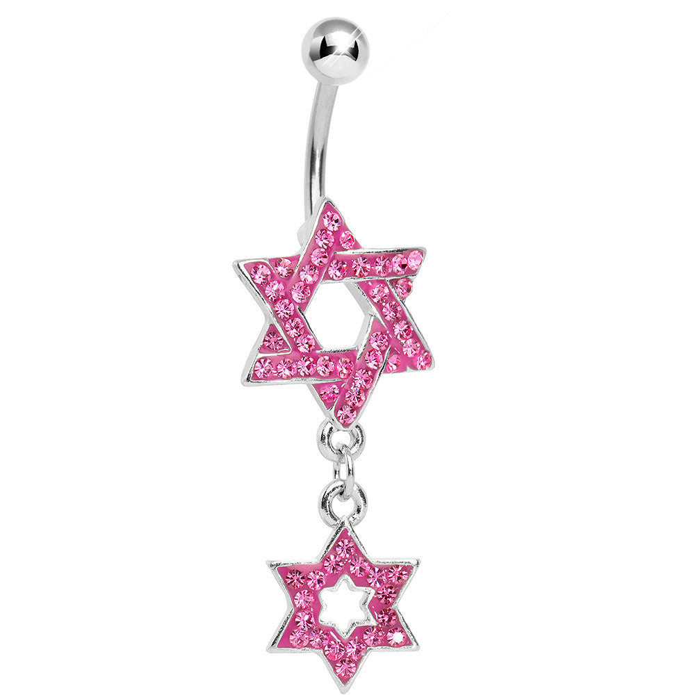 Pink Gem Paved Double Star of David Dangle Belly Ring