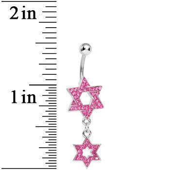 Pink Gem Paved Double Star of David Dangle Belly Ring