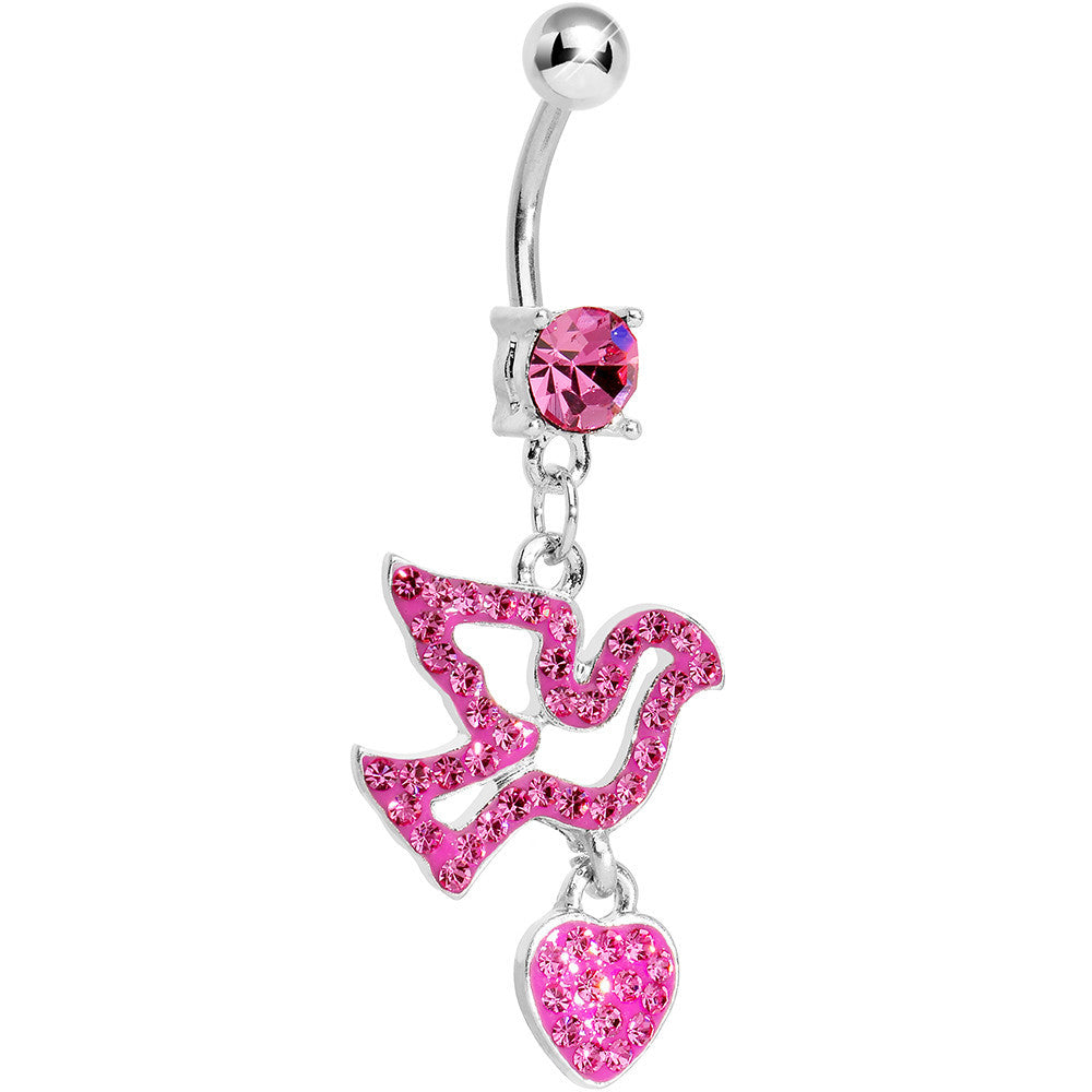 Pink Gem Paved Dove and Heart Dangle Belly Ring