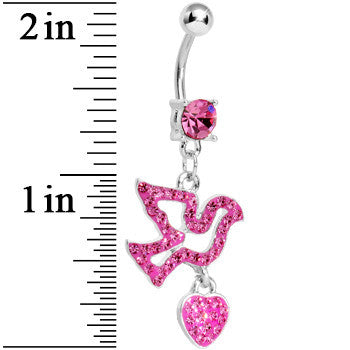 Pink Gem Paved Dove and Heart Dangle Belly Ring