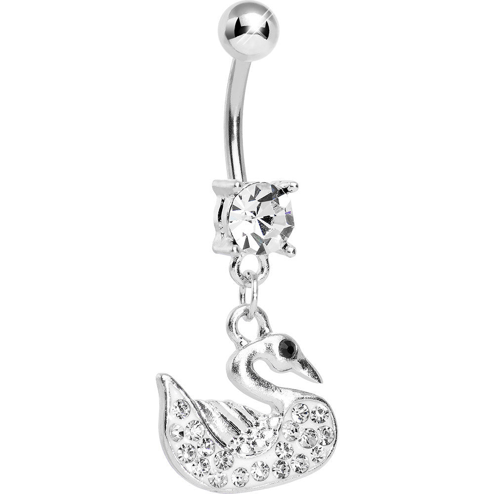 Crystalline Gem Paved Regal Swan Dangle Belly Ring