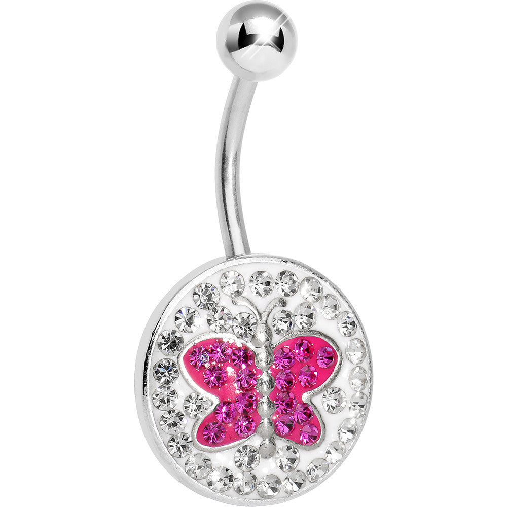 Crystalline Gem Disc and Pink Gem Paved Butterfly Belly Ring