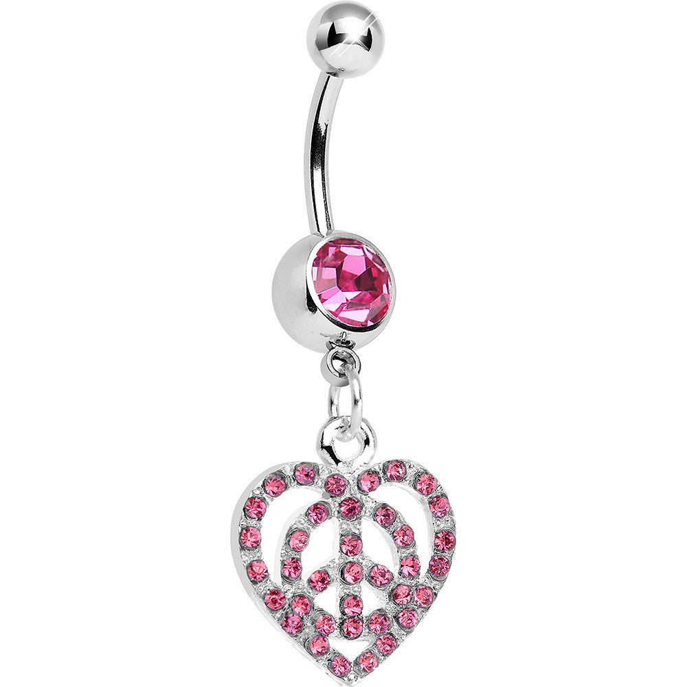 Pink Gem Paved Peace Sign Heart Dangle Belly Ring