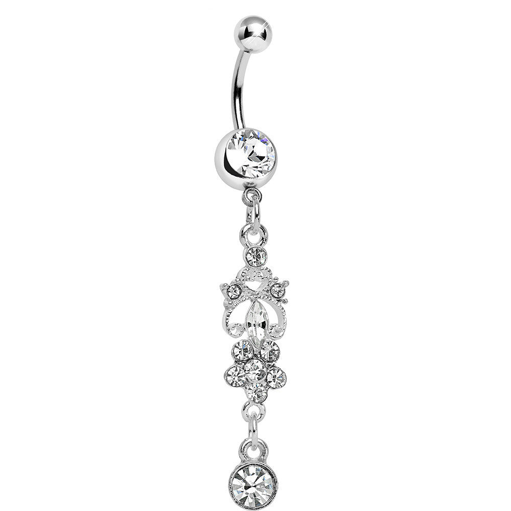 Crystalline Gem Antique Scrolls And Flower Dangle Belly Ring