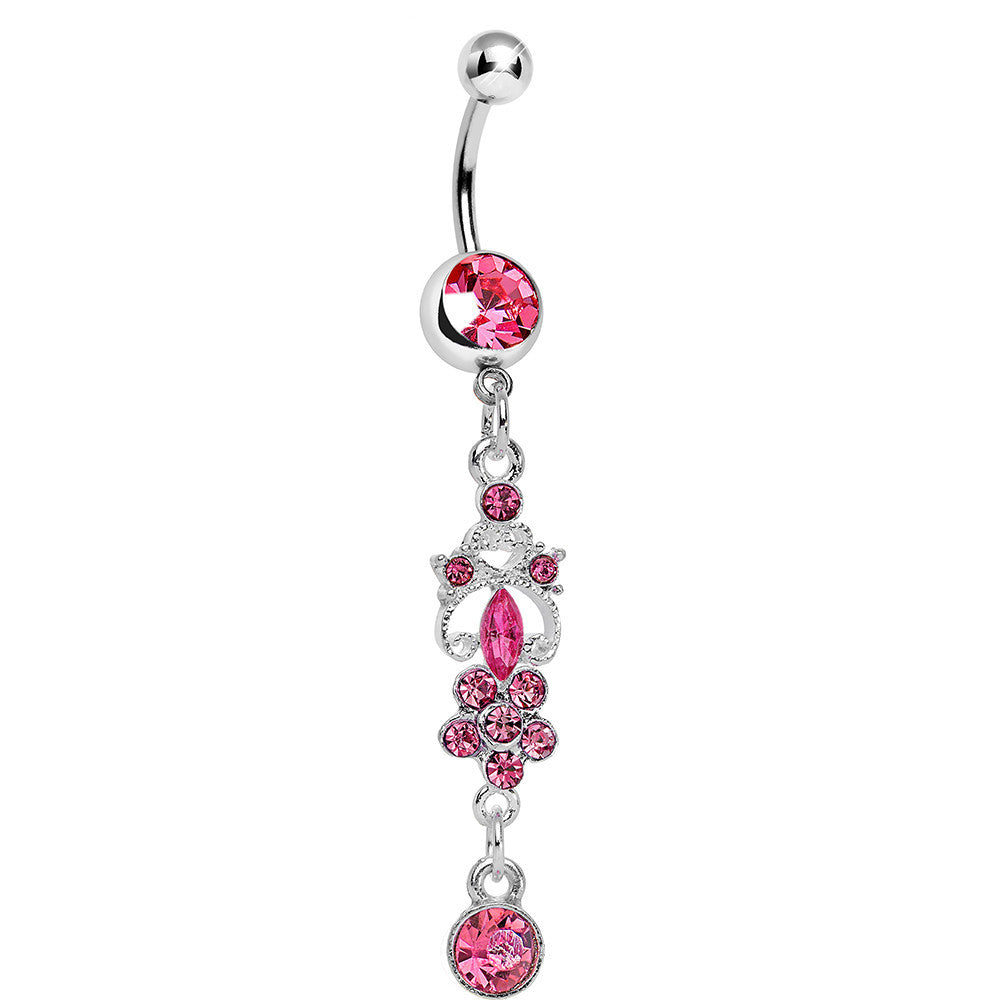 Pink Gem Antique Scrolls and Flower Dangle Belly Ring