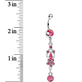 Pink Gem Antique Scrolls and Flower Dangle Belly Ring