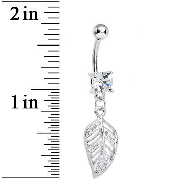 Crystalline Gem Paved Floating Leaf Dangle Belly Ring