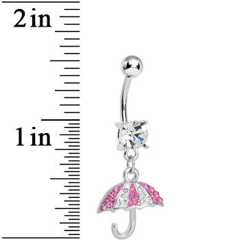 Crystalline Pink Gem Paved April Showers Umbrella Dangle Belly Ring