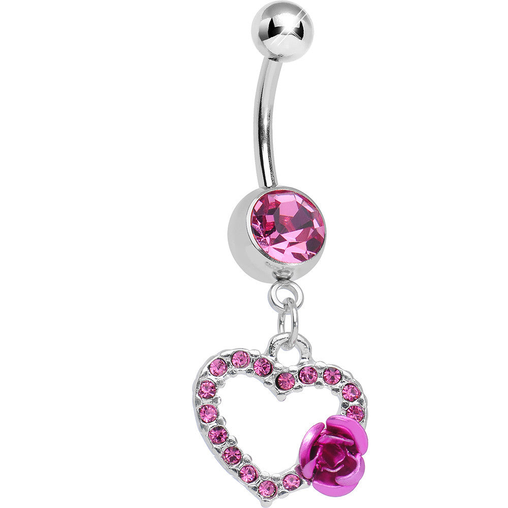 Pink Gem Paved Hollow Heart with Sweet Rose Flower Dangle Belly Ring