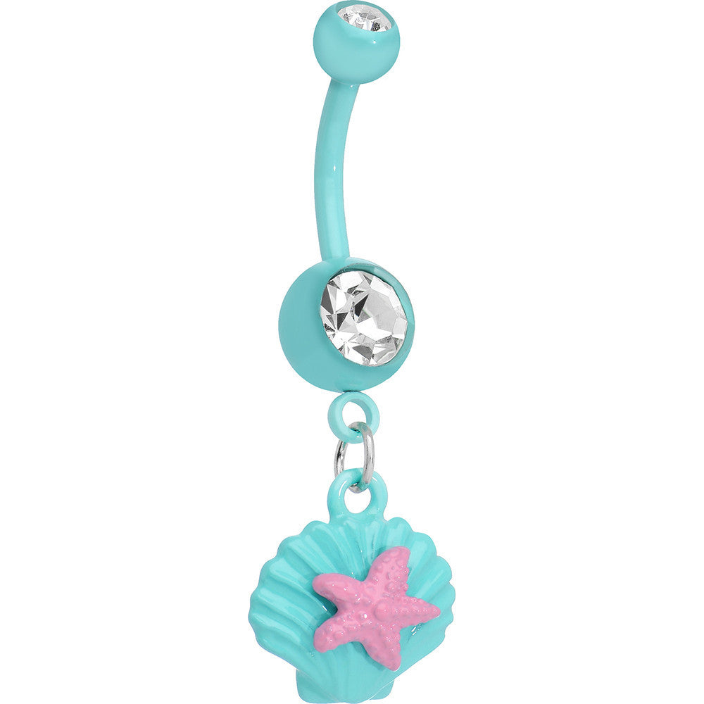 Crystalline Gem Aqua Seashell and Pink Starfish Dangle Belly Ring