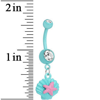 Crystalline Gem Aqua Seashell and Pink Starfish Dangle Belly Ring