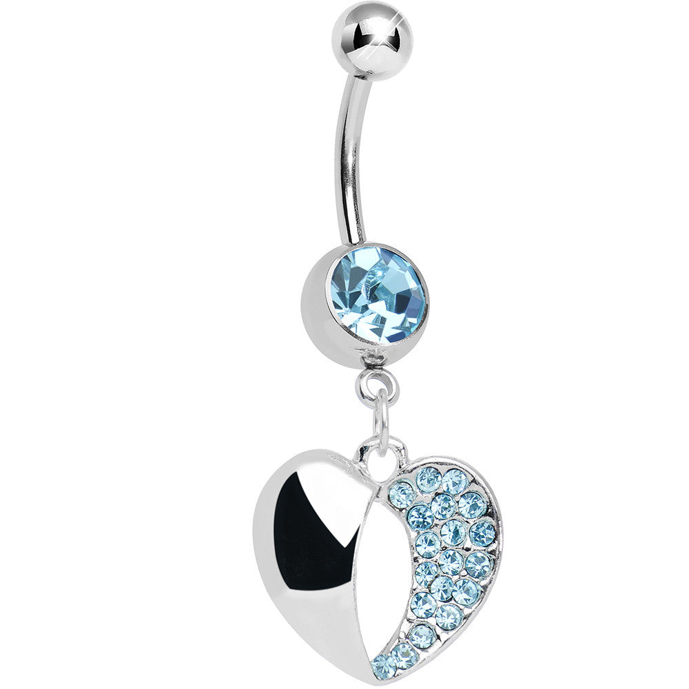 Aqua Gem Paved Reflective Heart Dangle Belly Ring