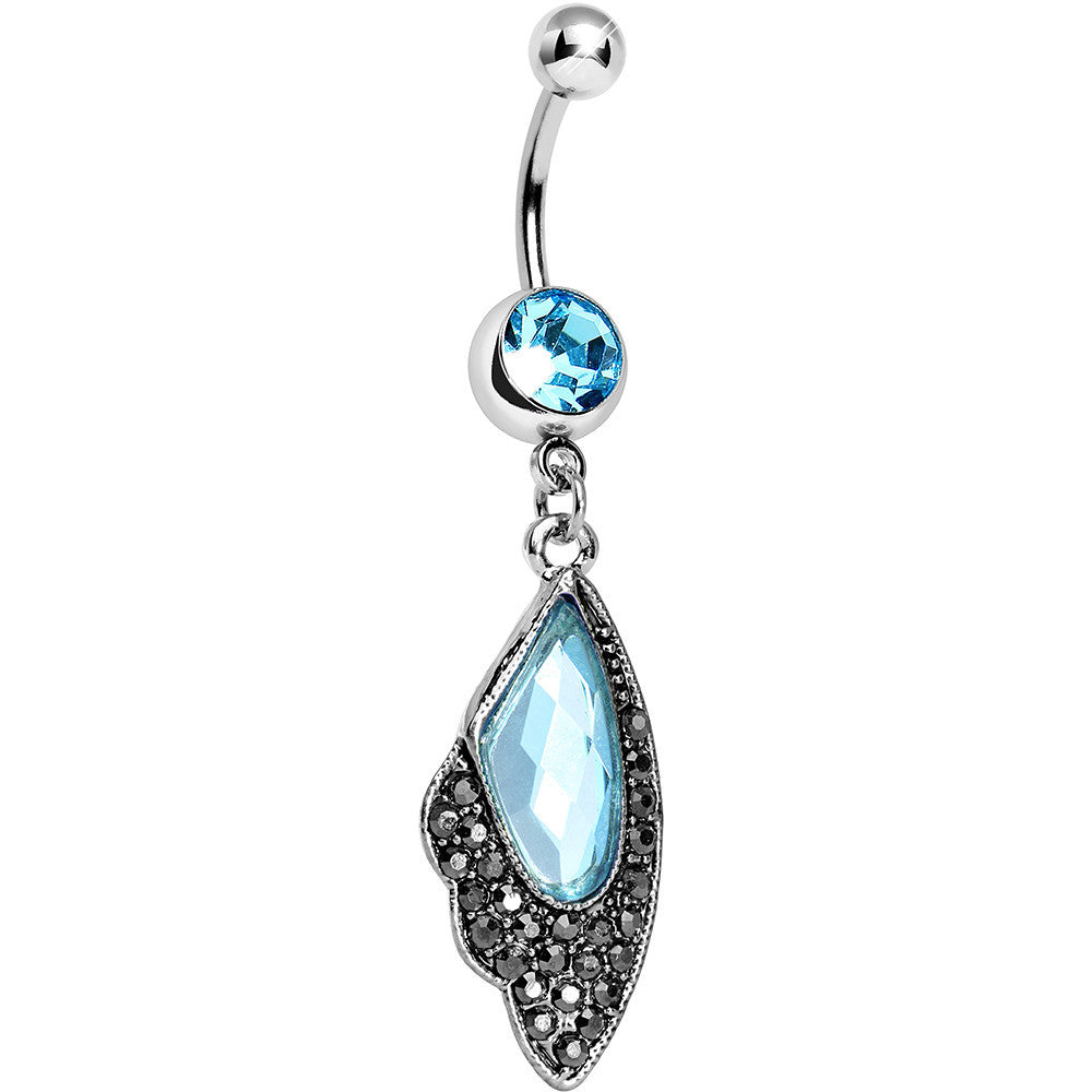 Aqua CZ Large Gem Hematite Leaf Dangle Belly Ring