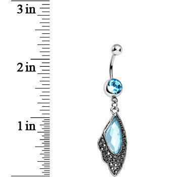 Aqua CZ Large Gem Hematite Leaf Dangle Belly Ring