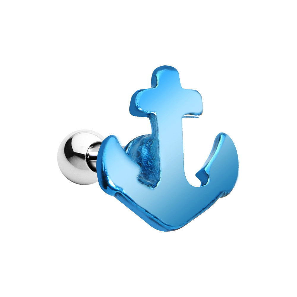 16 Gauge Brilliant Blue Nicely Nautical Anchor Cartilage Stud Earring