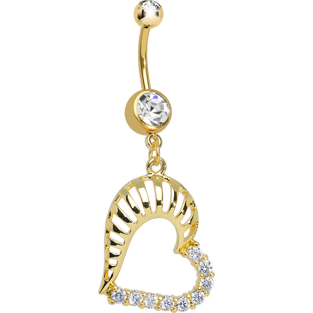 Gold Plated Clear Gem Hollow Heart Shell Dangle Belly Ring