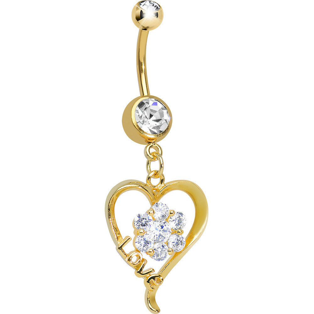 Gold Plated Clear Gem Hollow Love Heart Flower Dangle Belly Ring