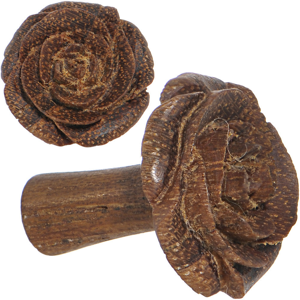 6 Gauge Organic Teak Wood Mocha Rosebud Hand Carved Plug Set