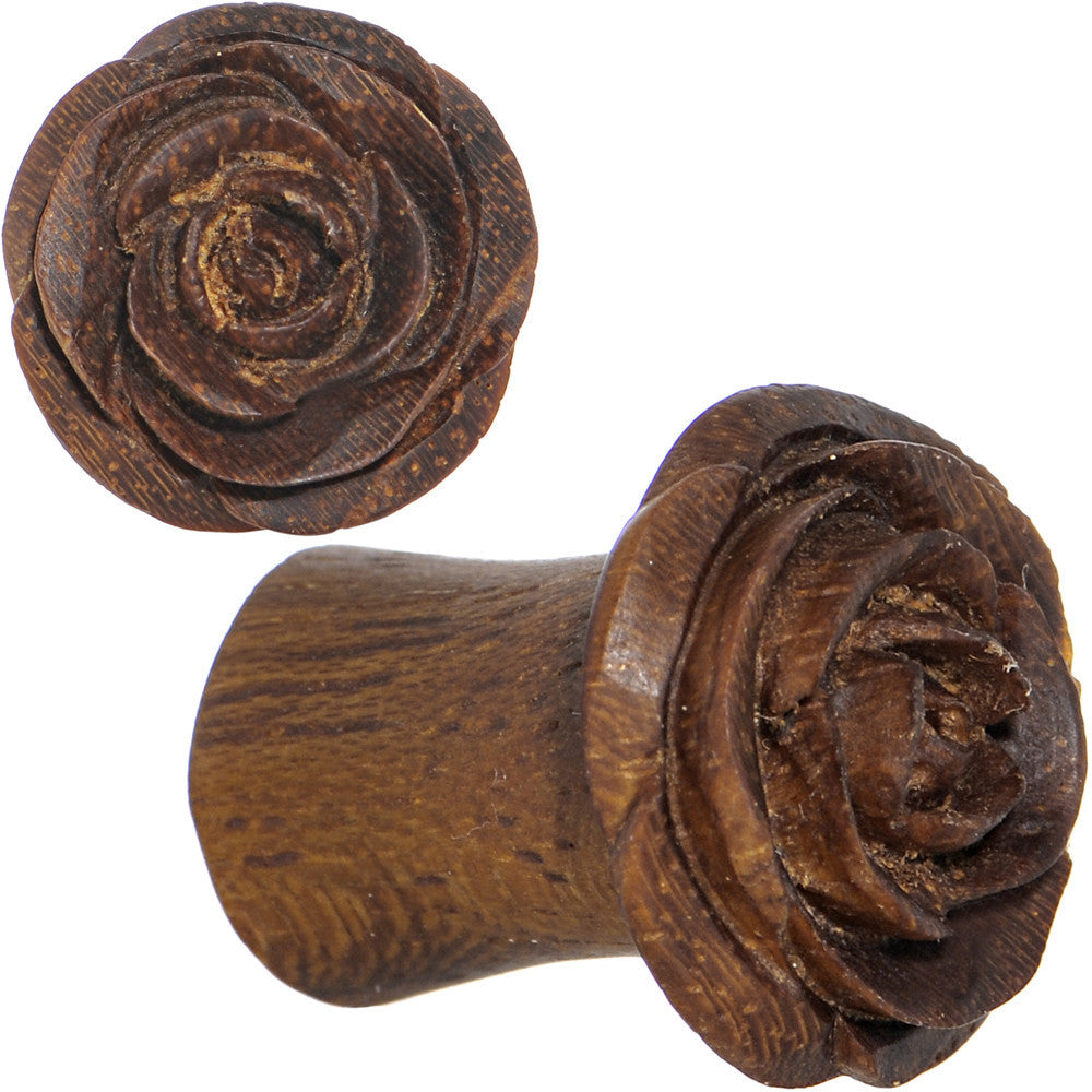 2 Gauge Organic Teak Wood Mocha Rosebud Hand Carved Plug Set