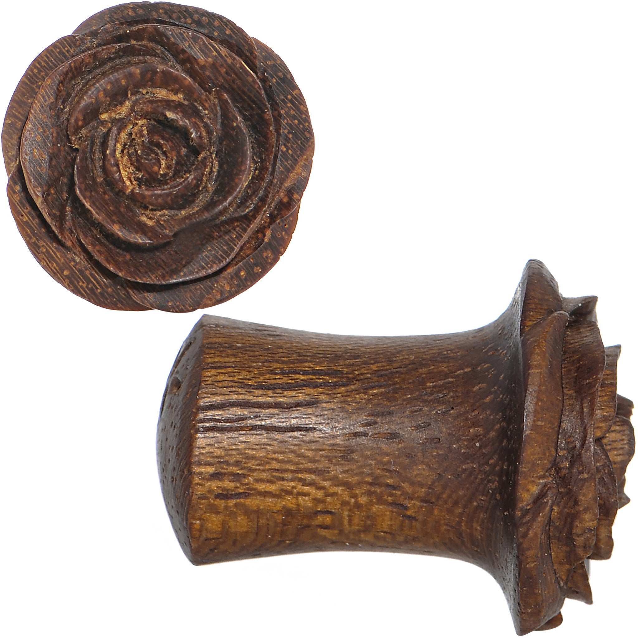 2 Gauge Organic Teak Wood Mocha Rosebud Hand Carved Plug Set