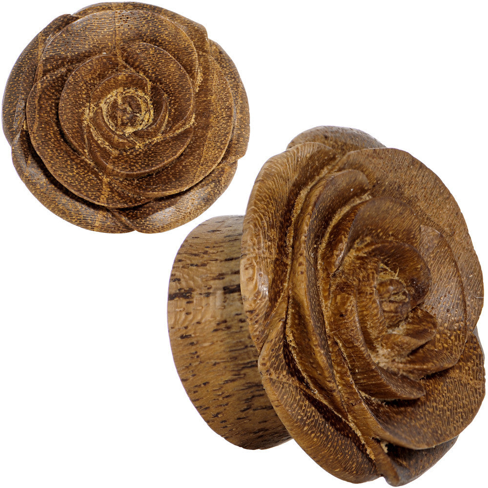 3/4 Organic Teak Wood Mocha Rosebud Hand Carved Plug Set