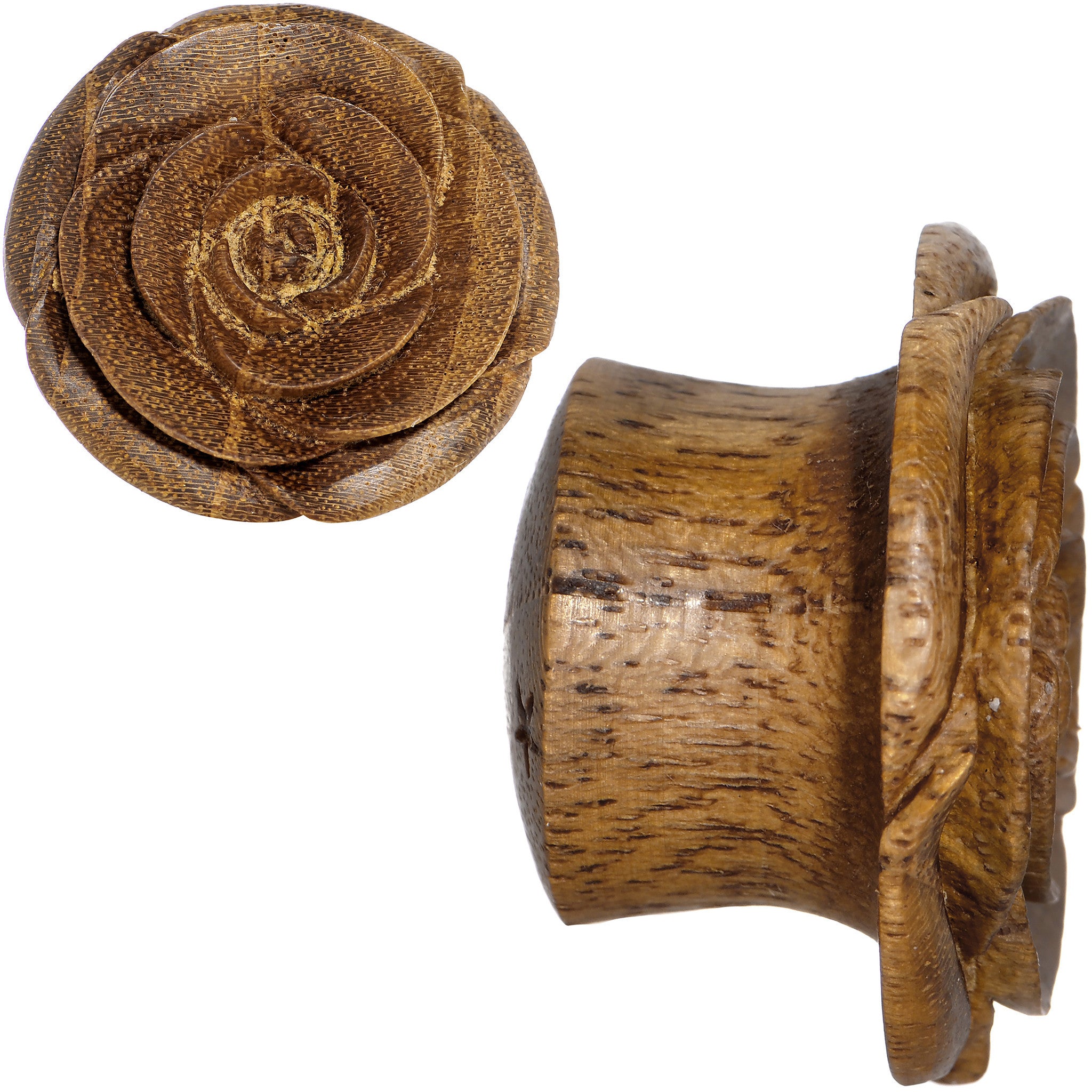 3/4 Organic Teak Wood Mocha Rosebud Hand Carved Plug Set