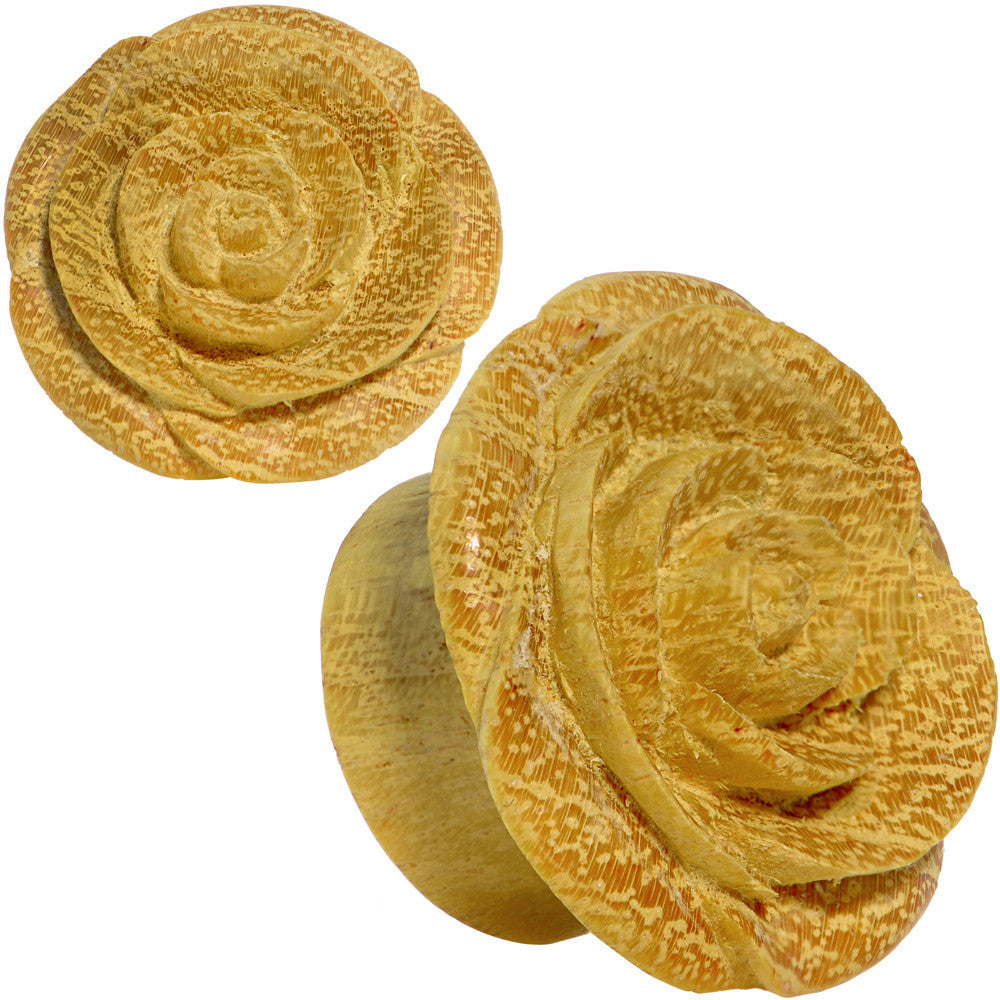 7/8 Organic Jackfruit Wood Yellow Rosebud Hand Carved Plug Set