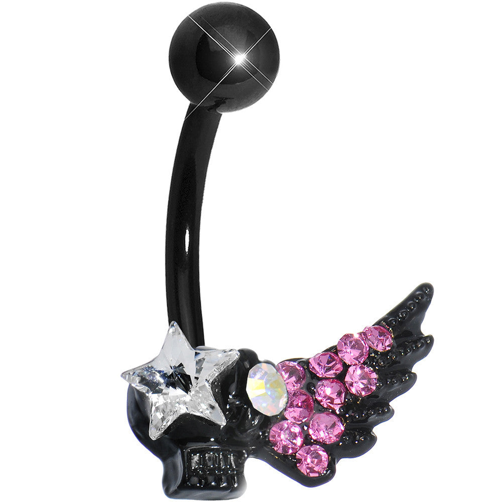 Pink Gem Rock Star Shimmering Wing Black Skull Belly Ring