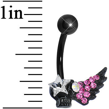 Pink Gem Rock Star Shimmering Wing Black Skull Belly Ring