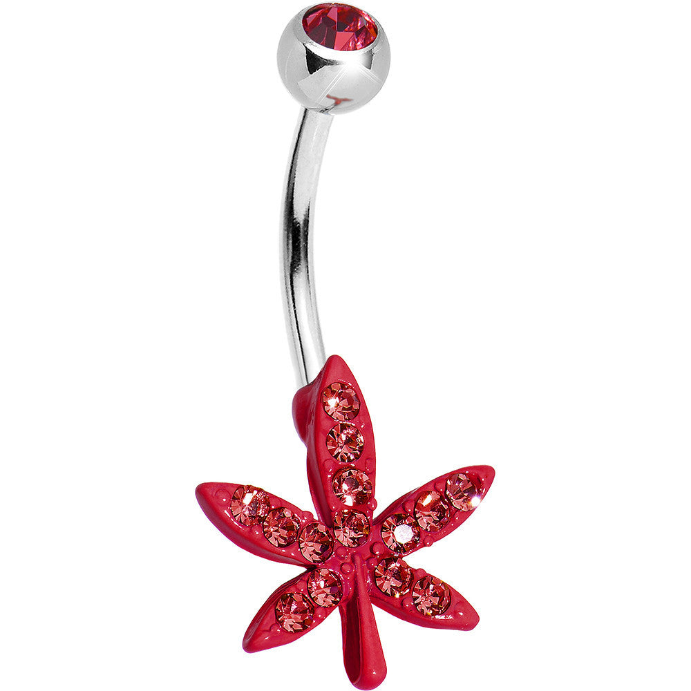 Red Gem Glittering Ganja Leaf Belly Ring