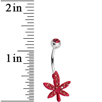 Red Gem Glittering Ganja Leaf Belly Ring