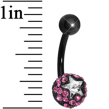 Pink Gem Paved Black La Luna and Clear Star Belly Ring